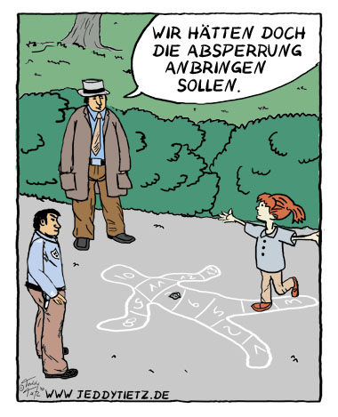 Teddy Tietz Cartoon der Kalenderwoche 19 - Kind spielt Himmel und Erde auf Leichenumriss